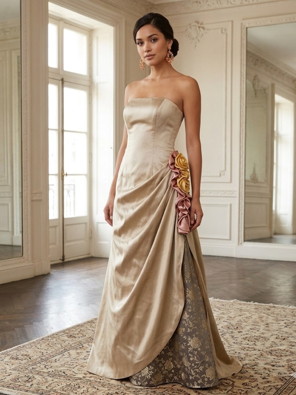 Vintage Elegant Victorian Style Gold Gown with Floral Accents Maxi Dress.